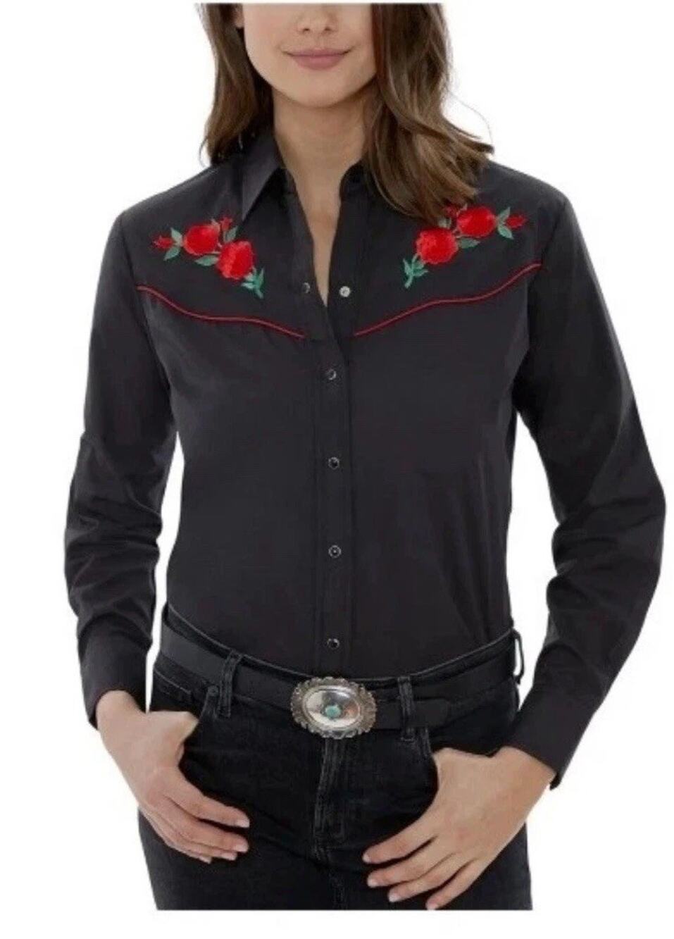 ELY Country Charmers Shirt Womens Medium Black Rodeo Rose Western Embroidered